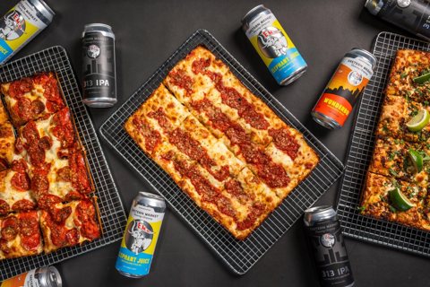 Elephant & Co. – Detroit: Overhead shot of Detroit-style pizzas