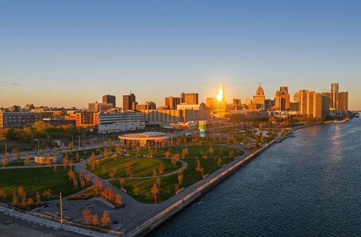Ralph C. Wilson, Jr. Centennial Park: Aerial view of the park at sunset