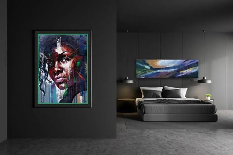 Sherwood Forest Art Gallery: Framed portrait painting and an abstract canvas shown in a home interior