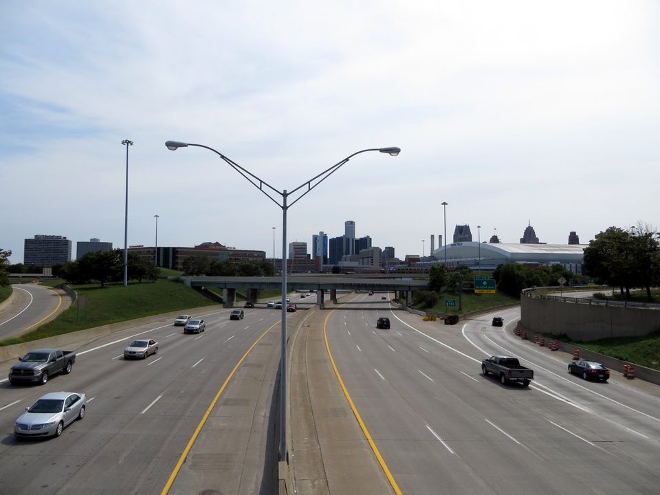 The I-75 Chrysler Freeway with the skyline beyond