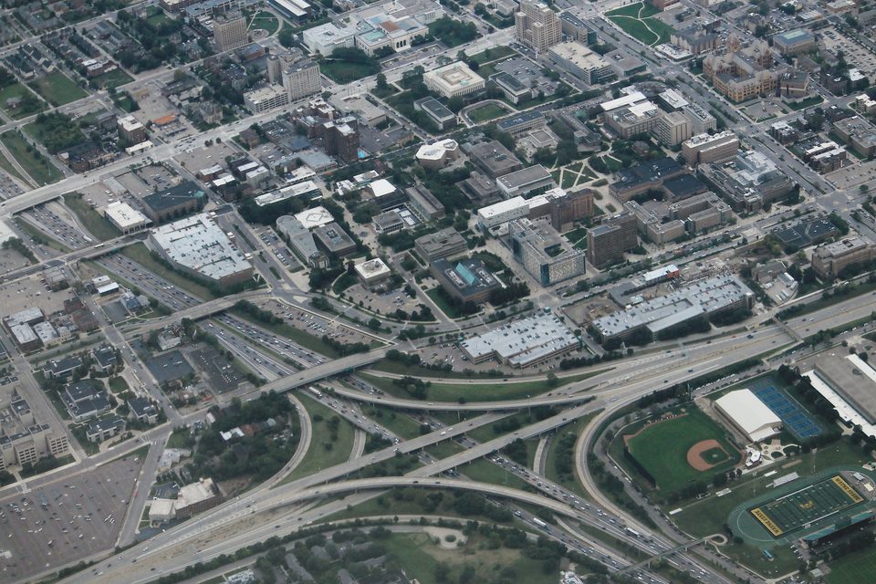 The I-94 and Lodge interchange beside Wayne State University