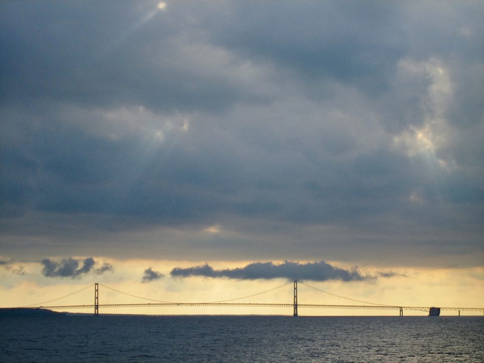 The Mackinac Bridge under stormy skies