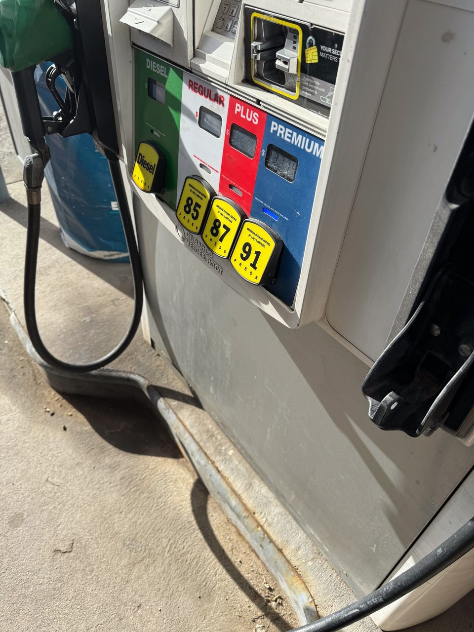A U.S. gas pump with octane buttons