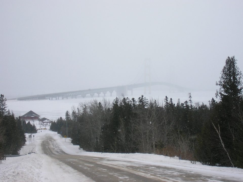 The Mackinac Bridge in a February snowstorm