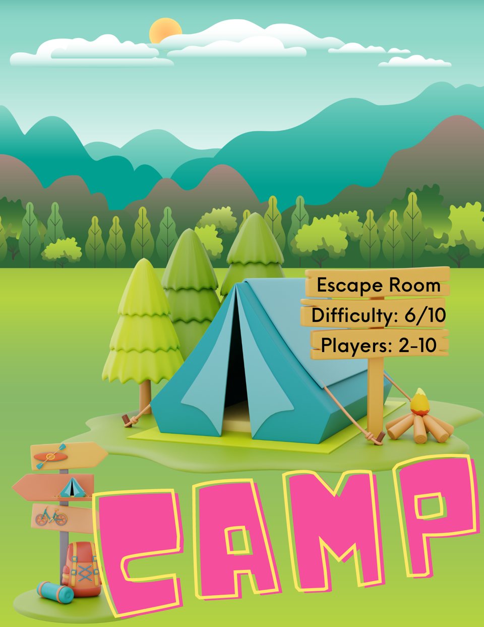 Illustrated poster for the Camp room with a tent, pine trees and a campfire
