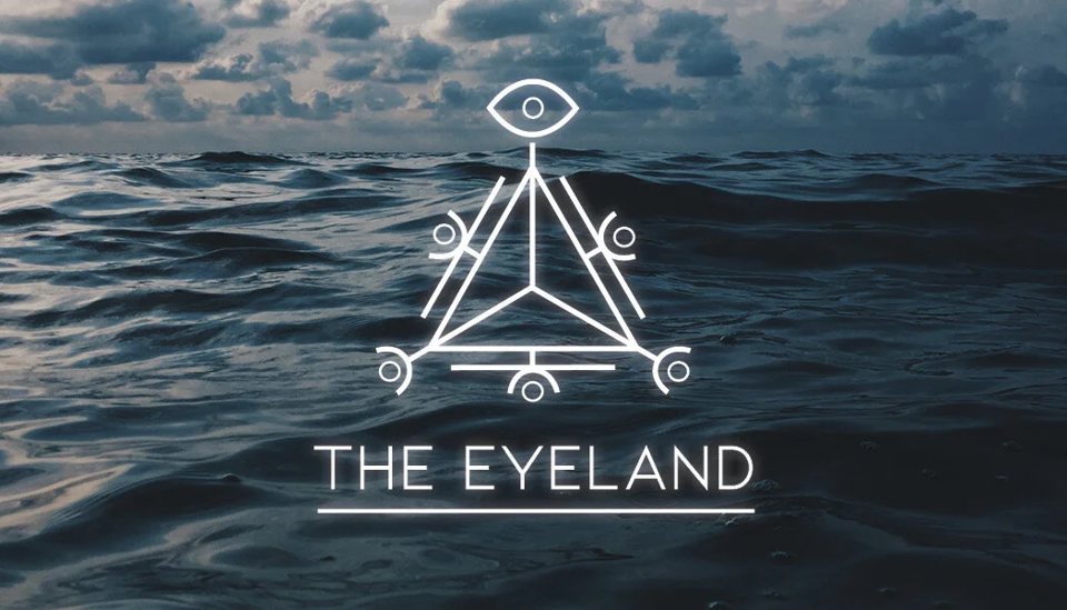The Eyeland room poster: a white eye-and-triangle symbol over a dark, choppy sea