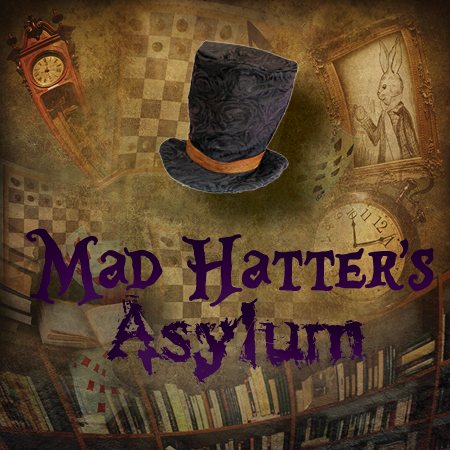 Mad Hatter's Asylum room poster with a top hat floating above clocks, a chessboard and bookshelves