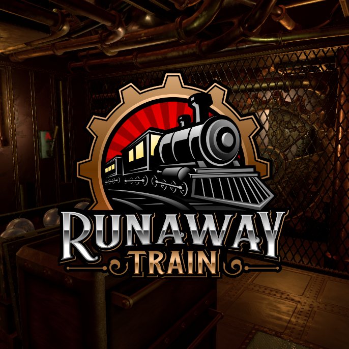 Key art for the Runaway Train virtual reality escape: a steam locomotive emblem over a dim, pipe-lined train car
