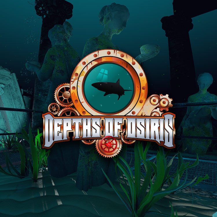 Key art for the Depths of Osiris virtual reality escape: a porthole emblem with a shark over sunken statues and seaweed
