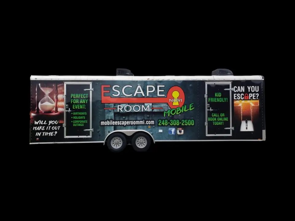 The Escape Room Novi Mobile trailer wrapped in escape room graphics