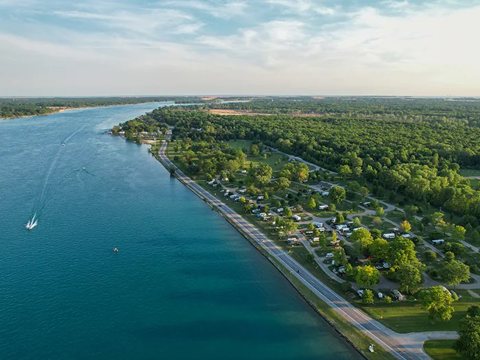 The riverbank and campground from the air