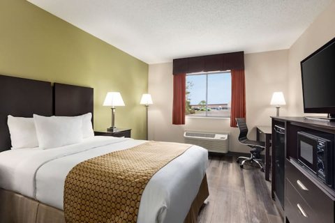 A room with a large bed and TV