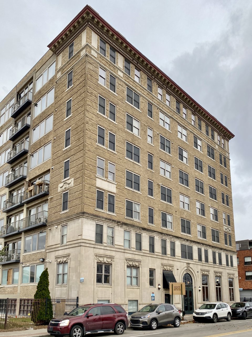 The former Carlton Plaza Hotel's brick building, now Carlton Lofts, in 2022