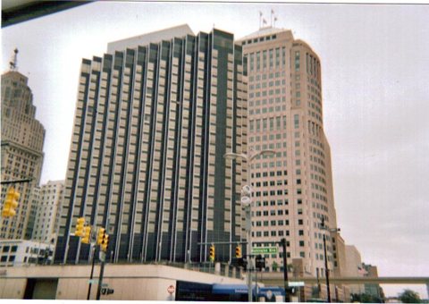 The hotel's dark-faced tower seen from Washington Boulevard in 2007