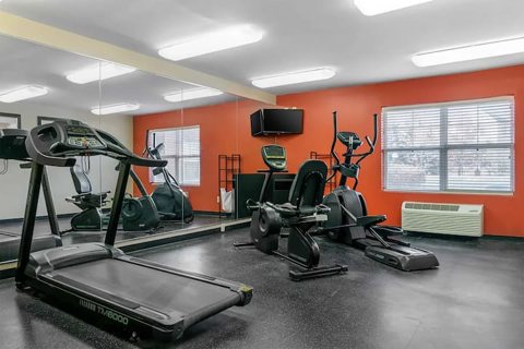 The hotel fitness room with treadmills