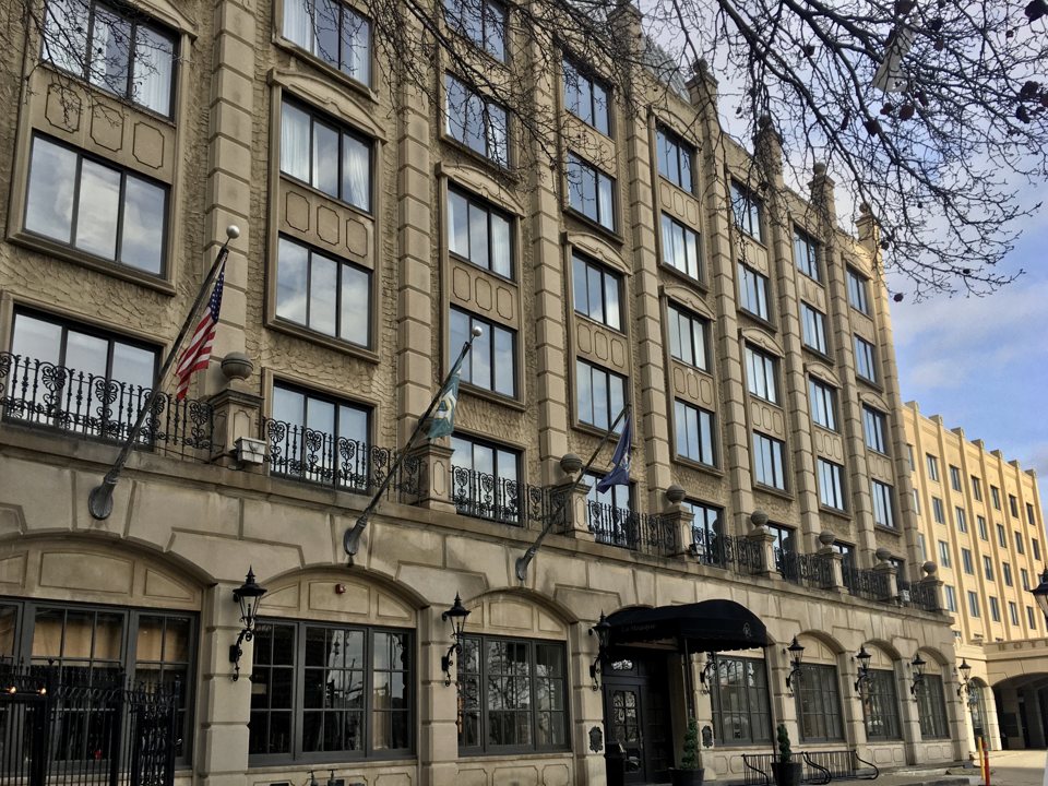 The Hotel Saint Regis limestone facade on West Grand Boulevard