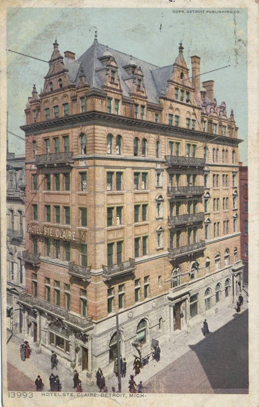 Postcard of the Hotel Ste. Claire at the corner of Monroe and Randolph streets