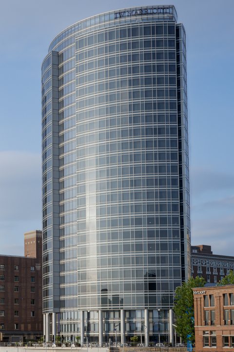 The hotel's glass tower seen from downtown Grand Rapids