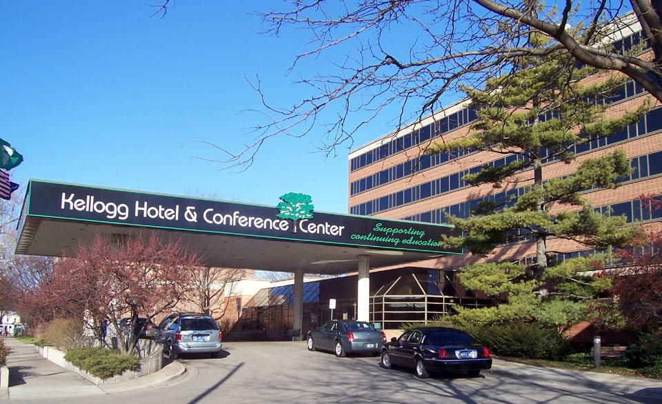 The Kellogg Hotel & Conference Center's signed entrance canopy and brick building