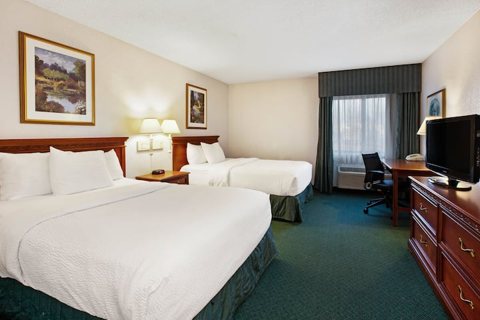 A guest room with two beds, green carpet and a desk