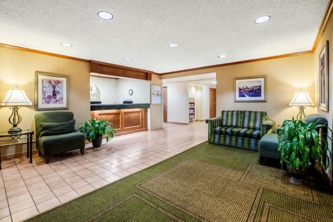The lobby with green armchairs, a rug and the front desk