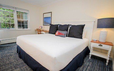 A bright guest room with a large bed, navy pillows and a desk by the window