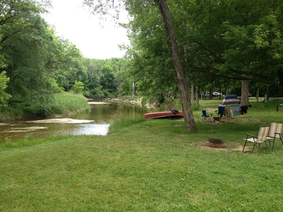 A grassy campground area beside the creek and trees