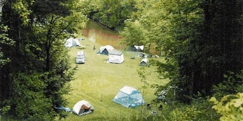 Aerial view of tent sites among the trees
