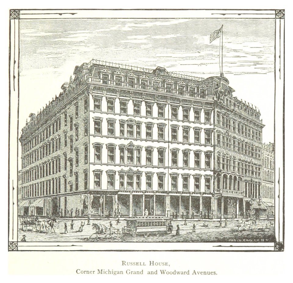 The Russell House hotel at Woodward Avenue and Cadillac Square in an 1884 engraving