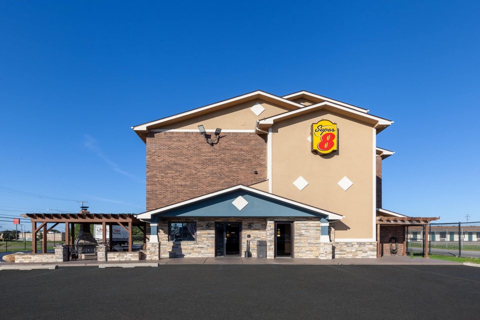 The two-storey motel building with the Super 8 sign