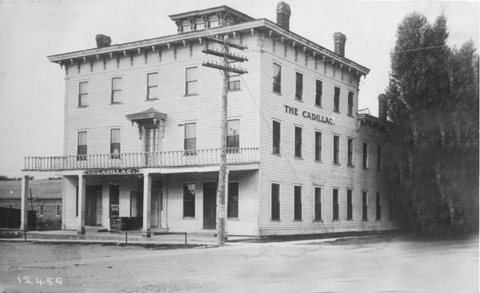 The Cadillac House hotel building around 1900 in a period photograph