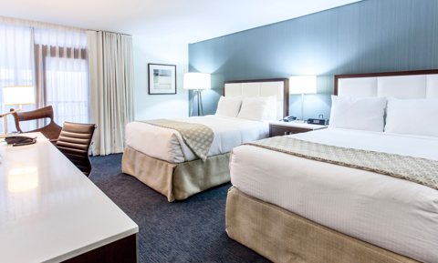 Guest room with two beds, a blue wall, white linens and a desk