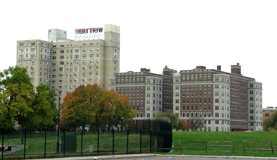 Panorama of the Whittier complex with its tower and wings, 2008