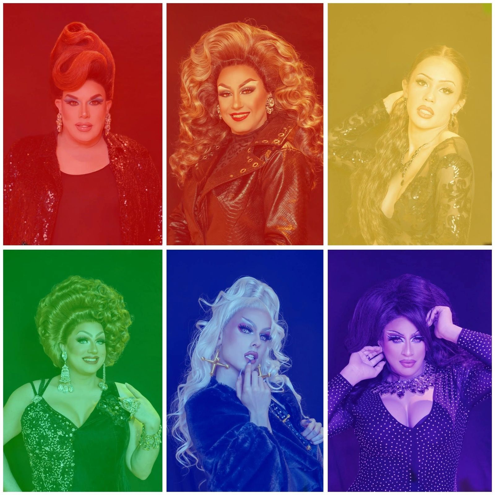 Grid of six drag performer portraits tinted in rainbow colors