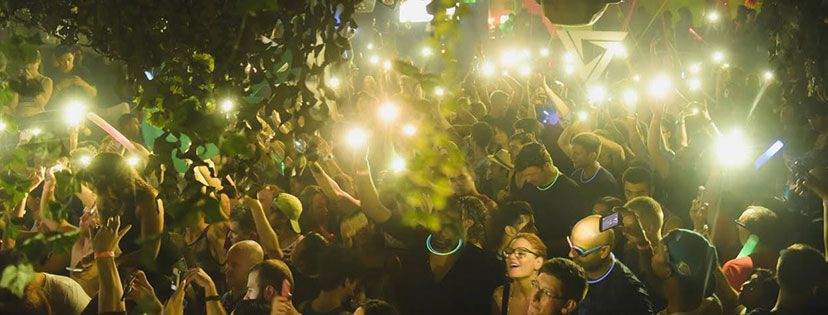 Crowd dancing with phone lights raised on the Necto dance floor