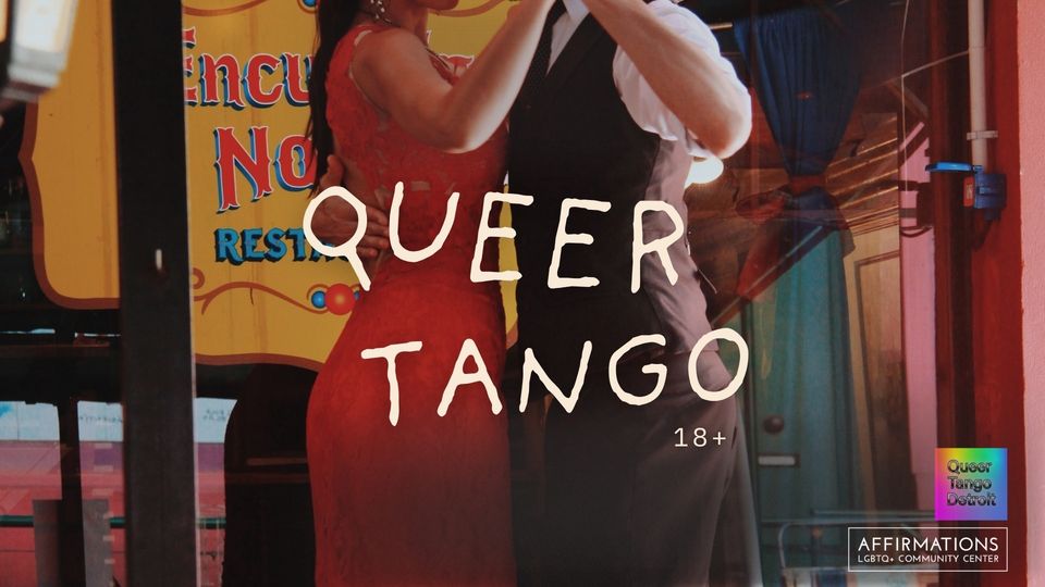 Tango couple dancing behind the 'Queer Tango 18+' title