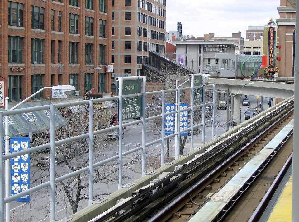 The Bricktown platform and the old brick buildings of Beaubien Street