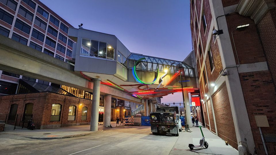 Greektown station at dusk, with the street closed to traffic (2025)