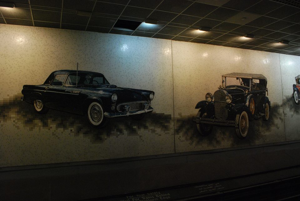 The “Cavalcade of Cars” mural at the former Cobo Center station (2010)