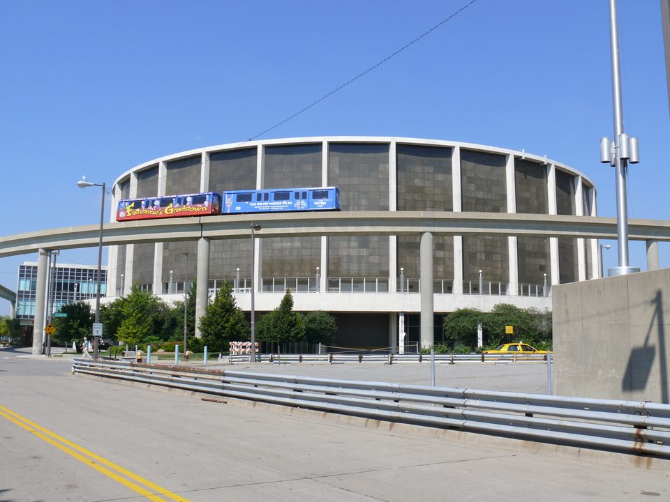 A train passing Cobo Arena (2007)