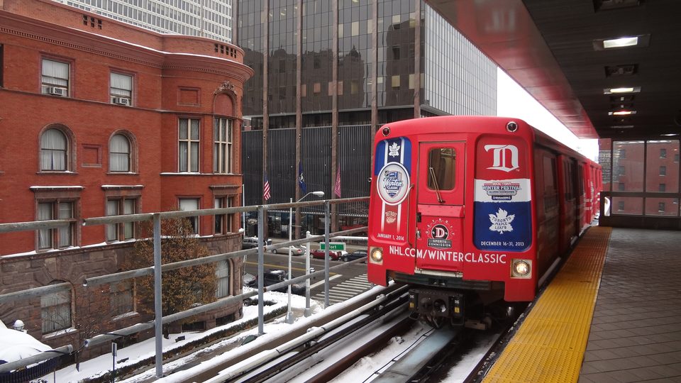 A Winter Classic-wrapped train at Michigan Avenue station (2012)