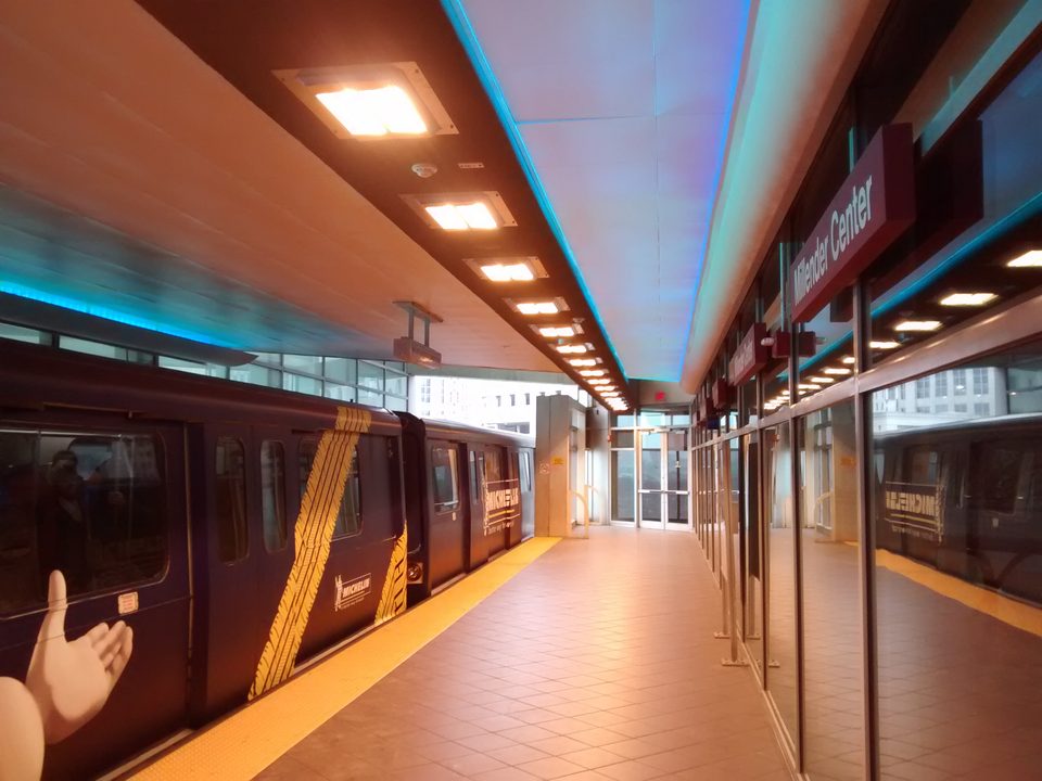 A train at Millender Center station (2016)