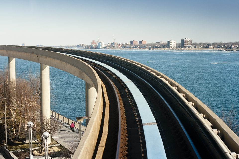 The guideway curving above the Detroit River, with Windsor across the water (2009)