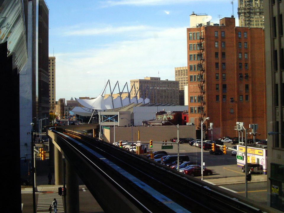 The Rosa Parks bus terminal seen from a car window (2010)