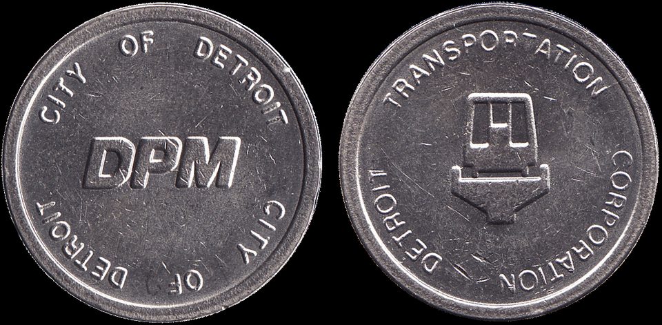 A People Mover token: “City of Detroit – DPM” and the Detroit Transportation Corporation emblem