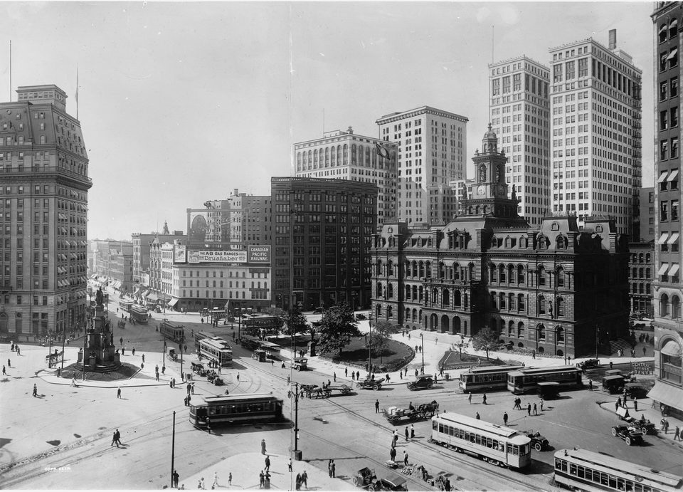 Campus Martius a 20. század elején, villamosokkal (Detroit Publishing Co.)