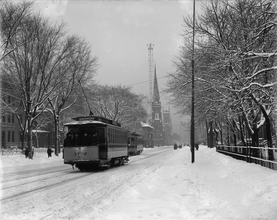 Villamos a havas Woodward Avenue-n, 1900 körül (Detroit Publishing Co.)