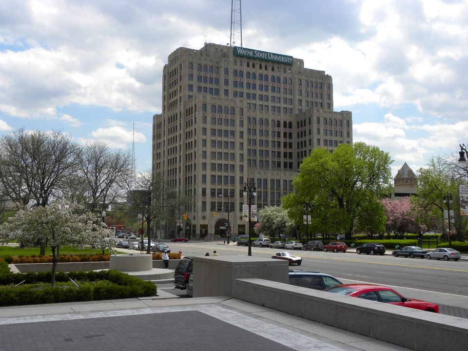 The Maccabees Building’s tower from Woodward, with trees in blossom (2009)