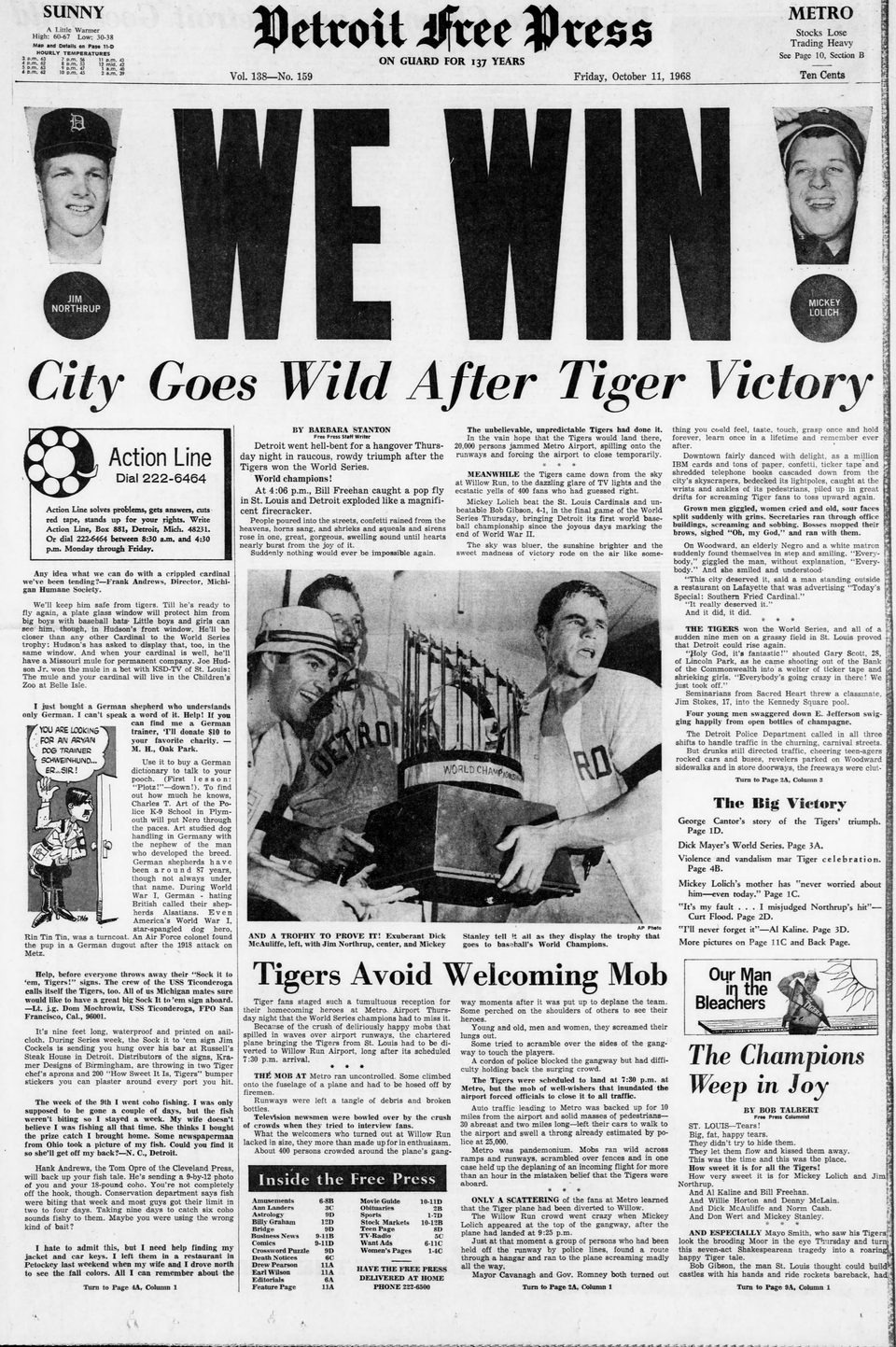 A Detroit Free Press címlapja óriási WE WIN főcímmel és az ünneplő Tigers-játékosok fotójával