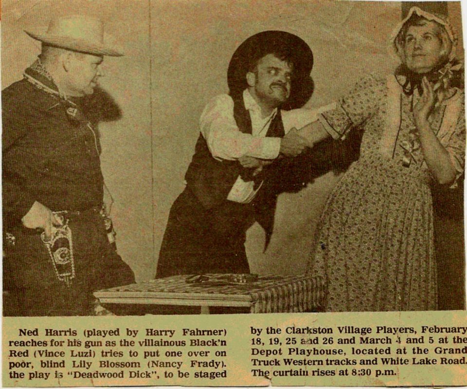 An old newspaper clipping of the Clarkston Village Players' Deadwood Dick, with two men in cowboy hats and a woman in a bonnet on stage